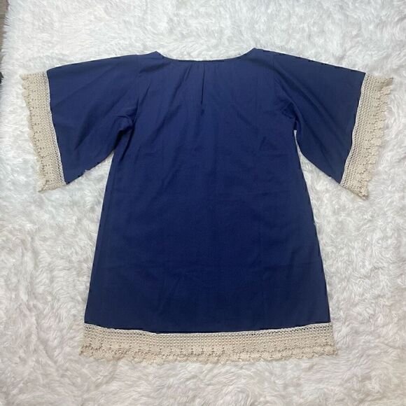 Umgee USA Boho Blue Crochet Trim Lagenlook Tunic Top Dress Size M Loose Fit - Picture 11 of 11